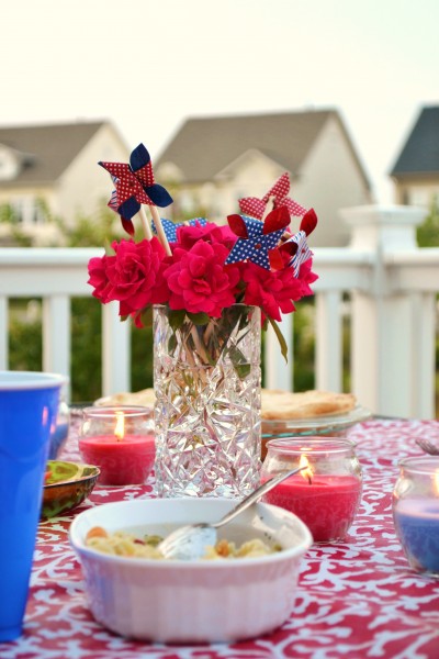 red white and blue flower arrangement