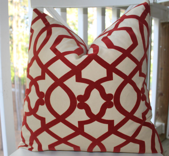 red geometric trellis pillow