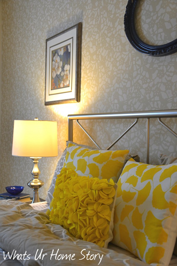Whats Ur Home Story: Felt Circles Pillow, ginkgo pillows, yellow and beige bedroom, Sherwin Williams Softer Tan