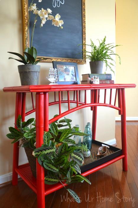 Painting Bamboo Furniture, red bamboo table, painting bamboo furniture, spray paint furniture, Rustoleum Apple Red Paint
