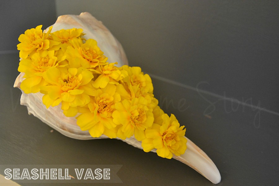 Simple Flower arrangement, marigolds, seashell vase