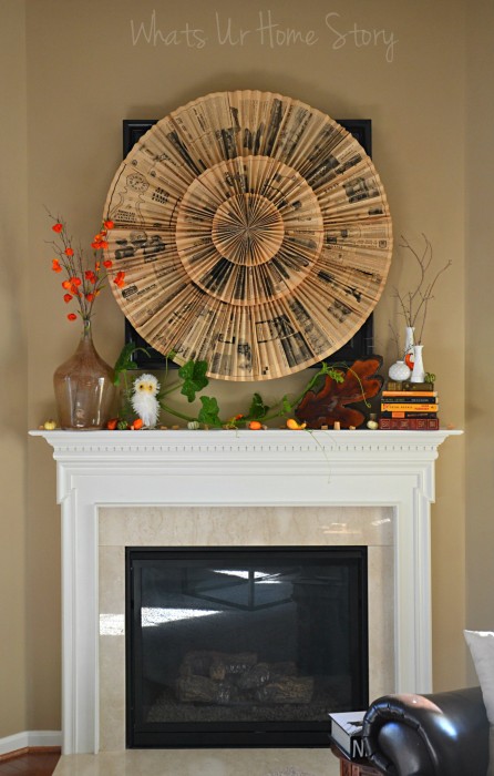 Whats Ur Home Story: Nature inspired fall mantel, rustic fall mantel, paper fan medallion wall art
