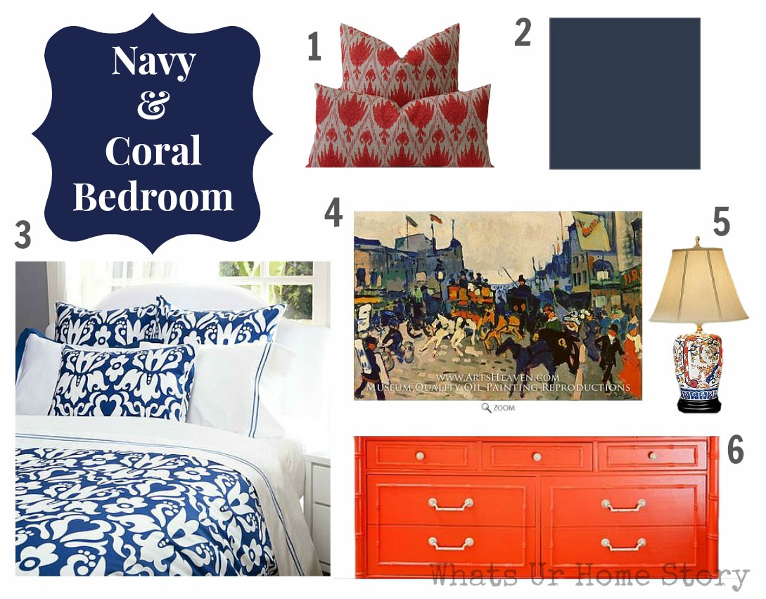 navy and coral bedroom