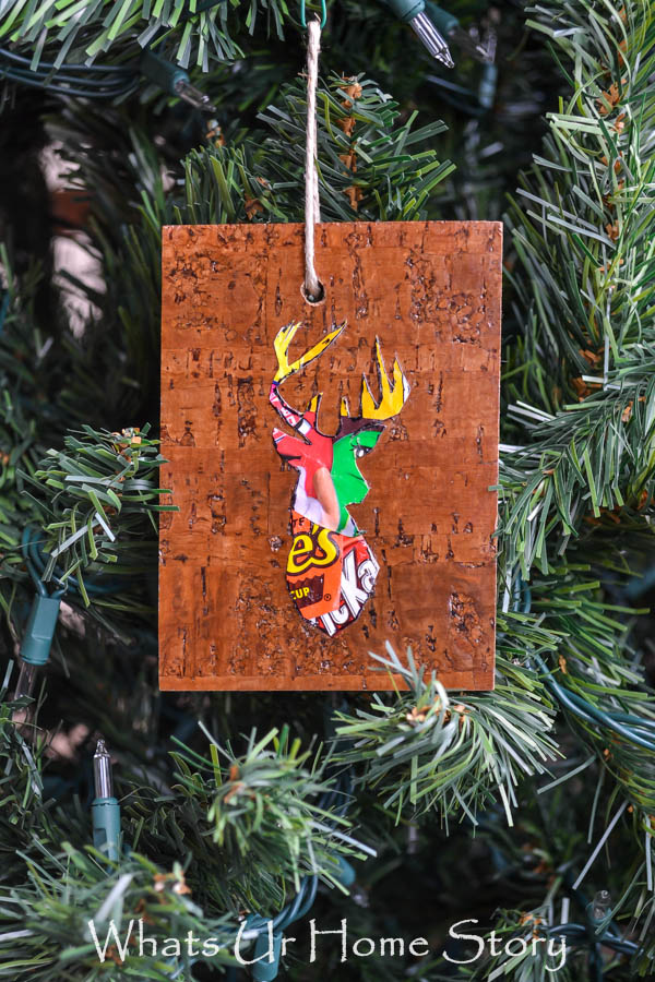 Make Woodland Reindeer Ornaments from floor plank samples from the hardware store and candy wrappers Whats Ur Home Story