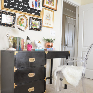 Glam girls room Black Campaign desk Gallery wall Ghost chair
