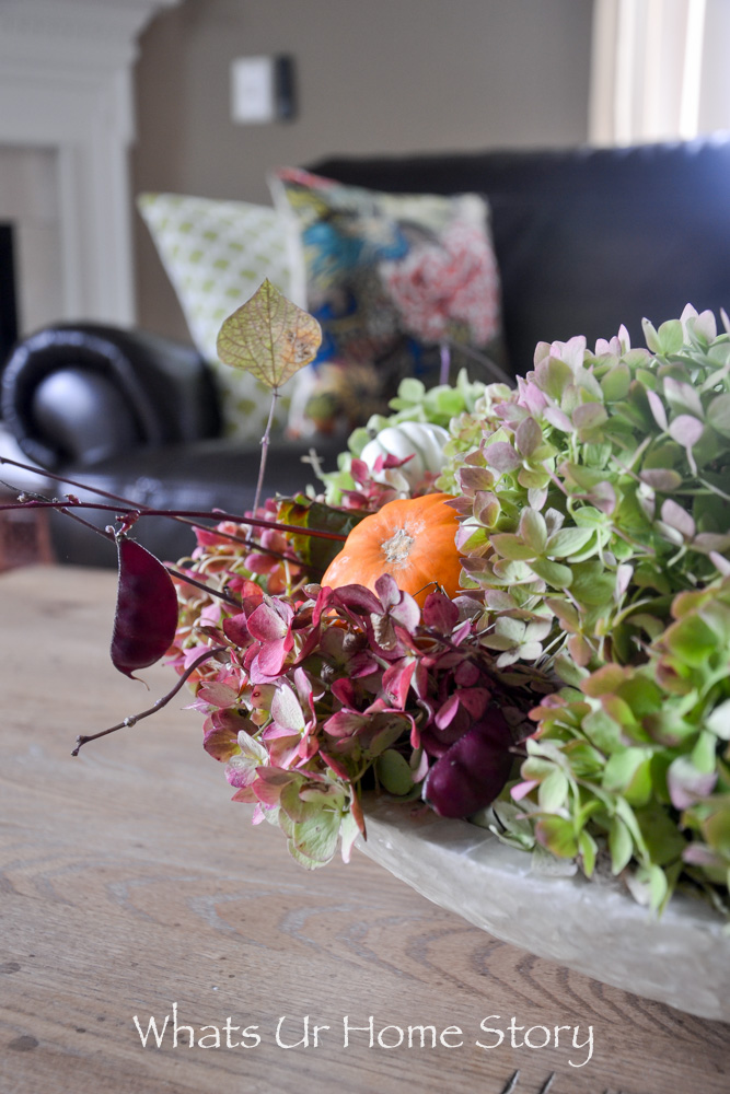 Rustic Centerpiece with Hydrangeas & Mini Gourds