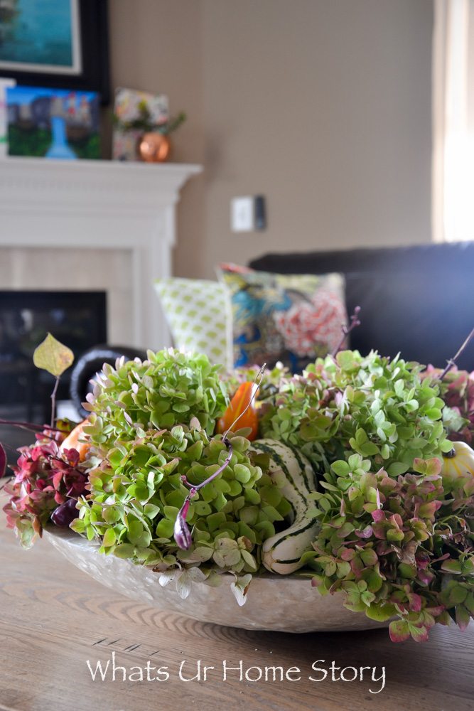 Rustic Centerpiece with Hydrangeas & Mini Gourds