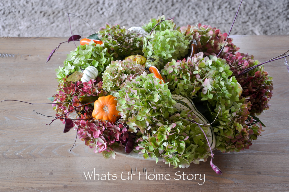 Rustic Centerpiece with Hydrangeas & Mini Gourds