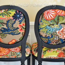 Chairs Makeover with Black chalk paint colorful print fabric Chiang Mai Dragon Fabric