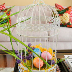 ways to decorate with Easter eggs Eggs in bird cage Spring vignette