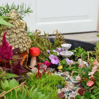 DIY Fairy Garden with a fairy house, fountain, pathways, and tricycle
